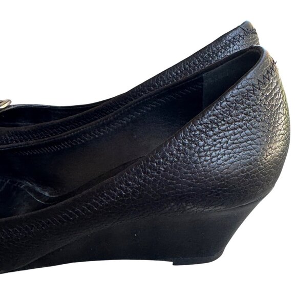 Tory Burch Black Leather Wedge Peep Toe Pumps With Gold Logo Size 10M - Picture 7 of 12